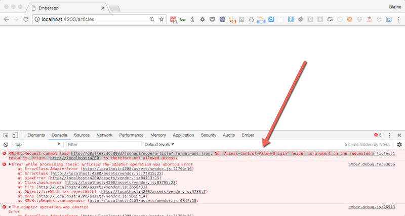 Screenshot of devtools showing CORS issue