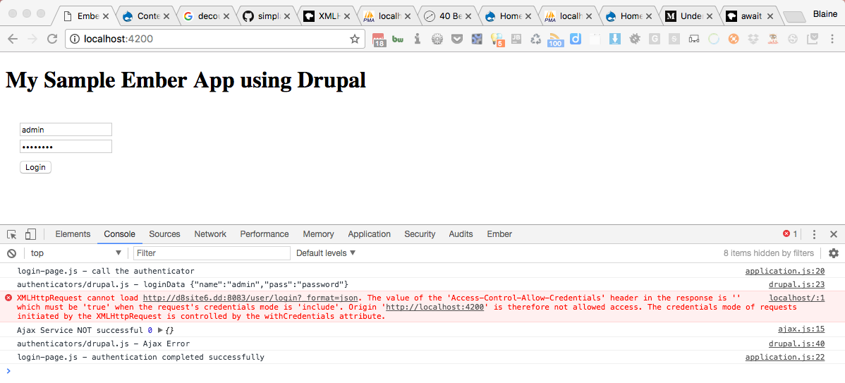 Chrome Debugger showing REST login API results.